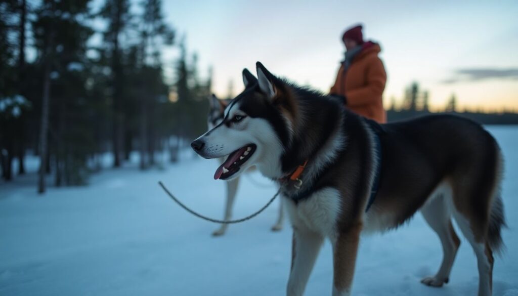 хаски и северное сияние - иллюстрация
