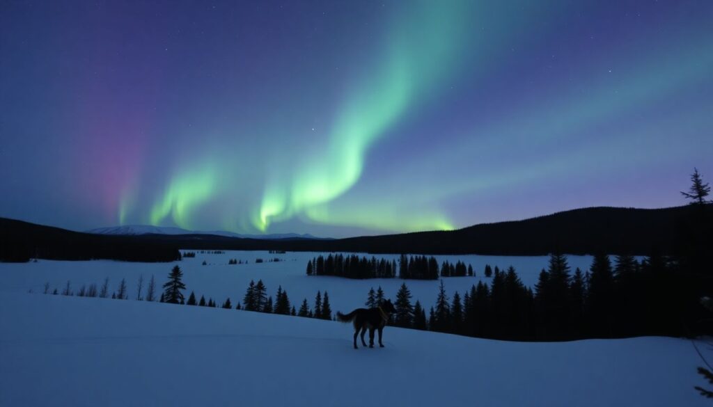 хаски и северное сияние - иллюстрация