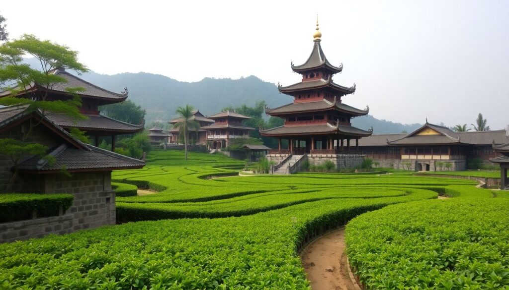 чайные плантации и древние храмы - иллюстрация