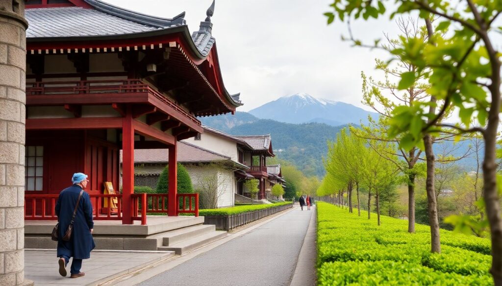 чайные плантации и древние храмы - иллюстрация