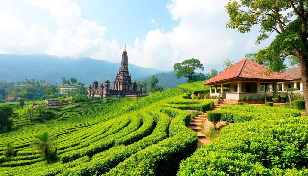 чайные плантации и древние храмы - иллюстрация