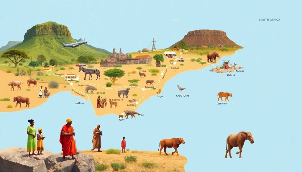 Путешествие в ЮАР: от Кейптауна до сафари в парке Крюгера - иллюстрация