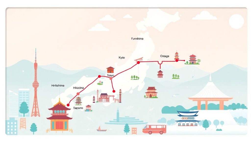 Путешествие по Японии на скоростных поездах синкансэн - иллюстрация